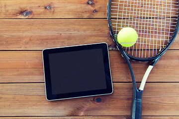 Image showing close up of tennis racket with ball and tablet pc