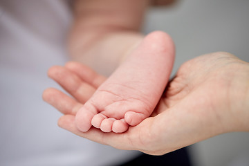 Image showing close up of newborn baby foot in mother hand