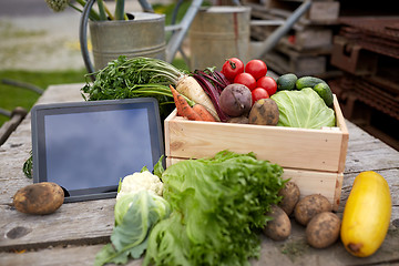 Image showing close up of vegetables with tablet pc on farm