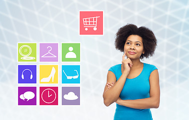 Image showing happy afro american young woman with menu icons