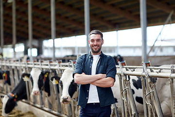 Image showing man or farmer with cows in cowshed on dairy farm