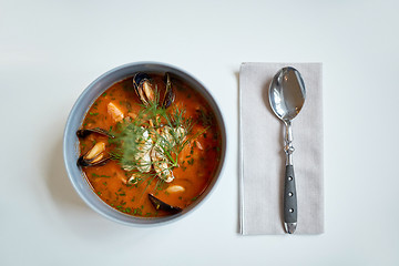 Image showing seafood soup with fish and blue mussels in bowl