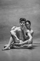 Image showing Couple of ballet dancers posing over gray background