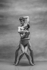 Image showing Couple of ballet dancers posing over gray background