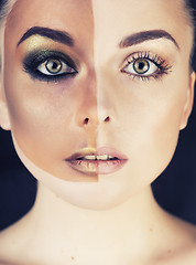 Image showing half faced woman before tanning and after close up isolated on w