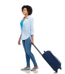 Image showing happy afro american woman with carry-on travel bag