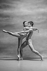 Image showing Couple of ballet dancers posing over gray background