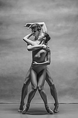 Image showing Couple of ballet dancers posing over gray background