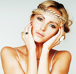 Image showing young blond woman dressed like ancient greek godess, gold jewelry close up isolated, summer trends