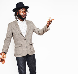 Image showing young handsome afro american boy in stylish hipster hat gesturing emotional isolated on white background smiling, lifestyle people concept 