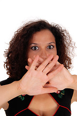 Image showing Shocked woman with hand over mouth.