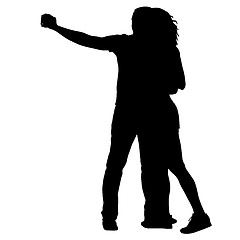 Image showing Silhouettes man and woman taking selfie with smartphone on white background. illustration