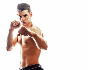 Image showing young handsome naked torso man boxing on white background isolated, lifestyle sport agressive people concept 