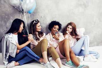 Image showing Lifestyle and people concept: young pretty diversity nations woman with different age children celebrating on birth day party together happy smiling, making selfie. African-american, asian and caucasi