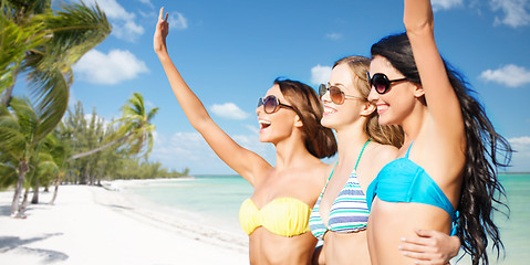 Image showing happy young women in bikinis on summer beach