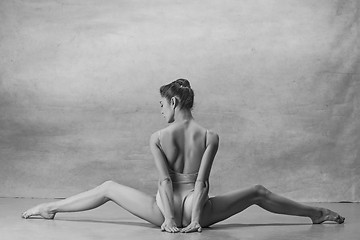 Image showing The ballerina is sitting with her back legs wide apart