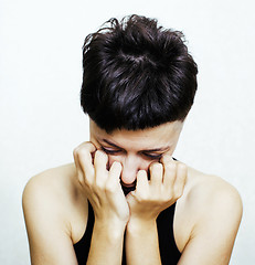 Image showing portrait of young girl teenage looking bad like junkie isolated on white background, social issues concept 