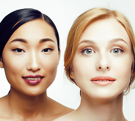 Image showing  different nation woman: asian, caucasian together isolated on white background happy smiling, diverse type on skin, lifestyle people concept close up