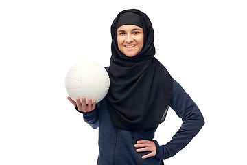 Image showing happy muslim woman in hijab with volleyball