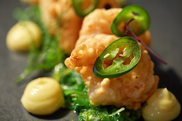 Image showing close up of prawn salad with jalapeno and wakame