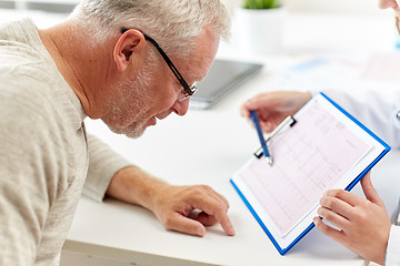 Image showing doctor showing cardiogram to old man at hospital