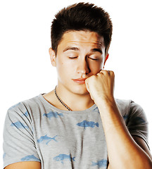 Image showing young attractive man isolated thinking emotional on white close 