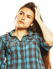 Image showing young pretty woman posing on white background isolated emotional