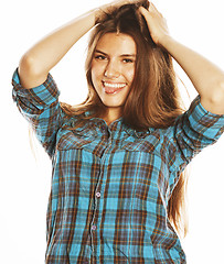 Image showing young pretty woman posing on white background isolated emotional