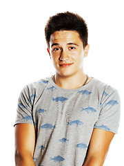 Image showing young handsome brunete man emotional posing on white background 