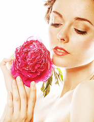 Image showing young beauty woman with flower peony pink closeup makeup soft te