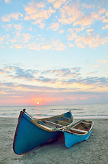 Image showing Blue boats on beach 