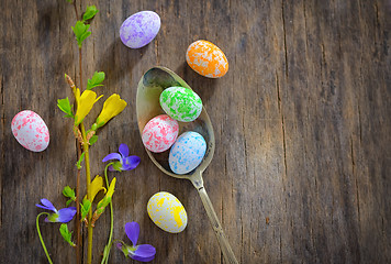 Image showing Easter wooden table setting