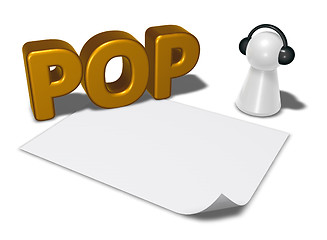 Image showing pop tag, blank white paper sheet and pawn with headphones - 3d rendering
