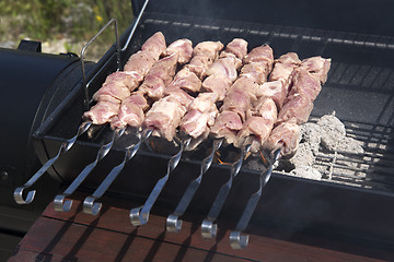 Image showing Grilling shashlik on a barbeque grill outdoor