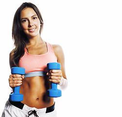 Image showing young pretty slim woman with dumbbell isolated