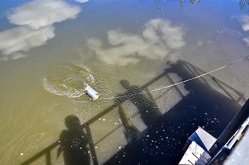 Image showing Take samples of water for laboratory testing. The concept - analysis of water purity, environment, ecology.