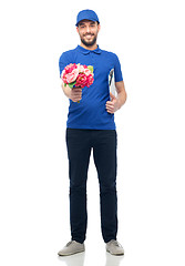 Image showing happy delivery man with flowers and clipboard