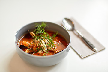 Image showing seafood soup with fish and blue mussels in bowl