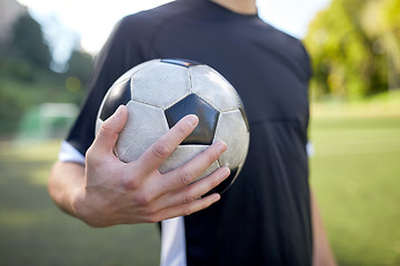 Image showing close up of soccer player with football on field