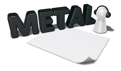 Image showing metal tag, blank white paper sheet and pawn with headphones - 3d rendering