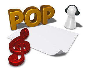 Image showing pop tag, blank white paper sheet and pawn with headphones - 3d rendering