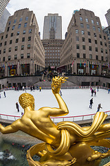 Image showing Golden Prometheus statue and Rockefeller Center ice skate rink, Manhattan, New York City, USA.