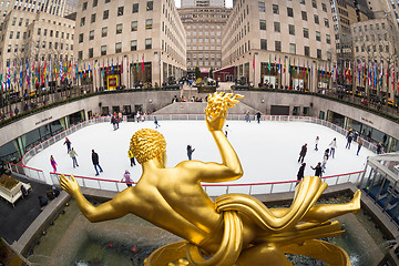 Image showing Golden Prometheus statue and Rockefeller Center ice skate rink, Manhattan, New York City, USA.