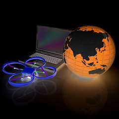 Image showing Drone or quadrocopter with camera with laptop. Network, online, 