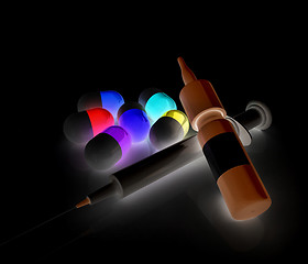 Image showing Syringe, tablet, pill jar. 3D illustration