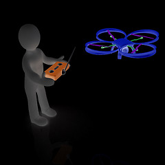 Image showing 3d man with drone, quadrocopter, with photo camera. 3d render. 3