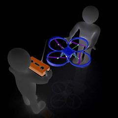 Image showing 3d man with drone, quadrocopter, with photo camera. 3d render. 3