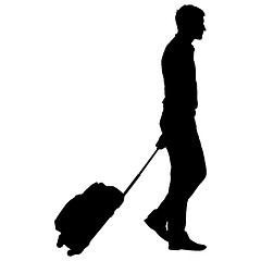 Image showing Black silhouettes travelers with suitcases on white background.