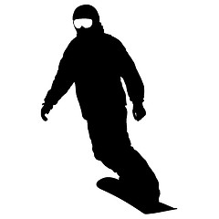 Image showing Black silhouettes snowboarders on white background. illustration