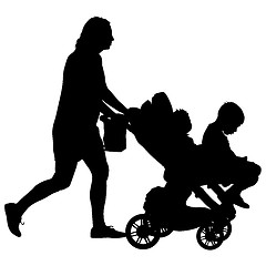 Image showing Black silhouettes Family with pram on white background. illustration